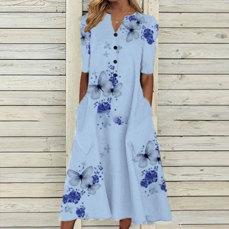 

Summer Short Sleeve Women Dress Fashion V-neck Elegant Lady Maxi Dress Vintage Floral Printed Casual Female Loose Dress Vestido
