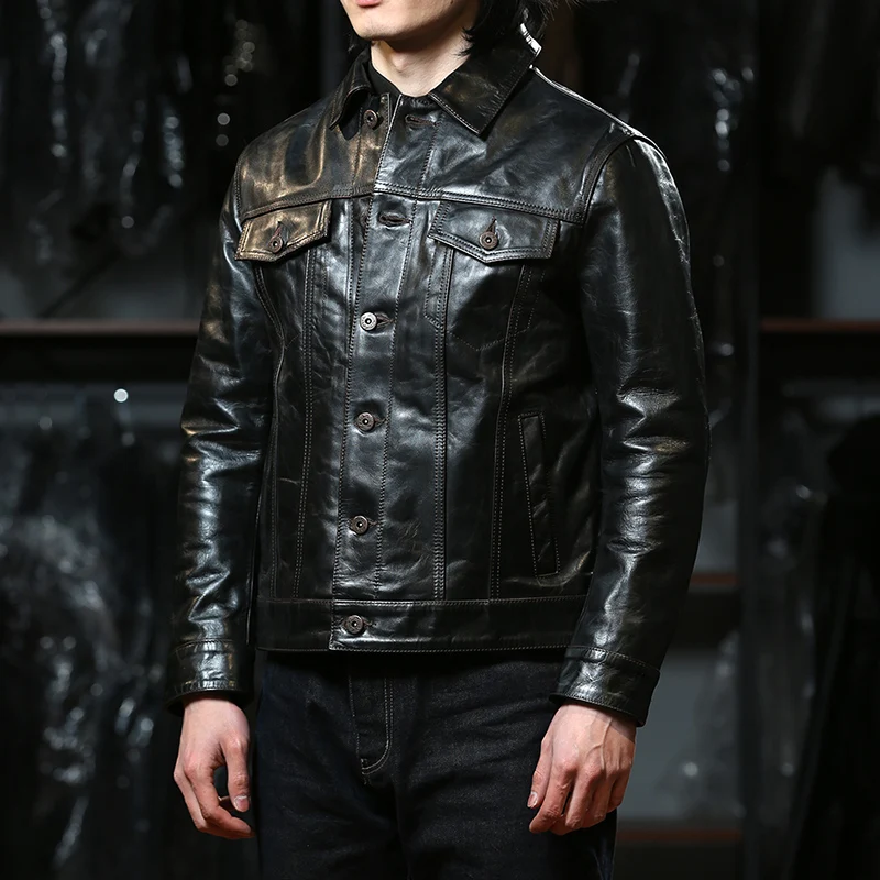 

Men oil wax horse leather jacket black short paragraph Slim biker style clothing American 507 cowboy models fashion casual tide