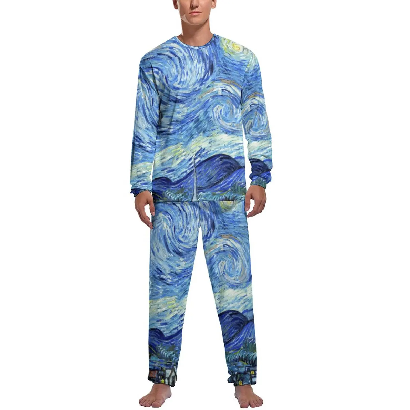 Abstract Star Pajamas Winter 2 Pieces Van Gogh Starry Night Cute Pajama Sets Men Long-Sleeve Leisure Graphic Home Suit