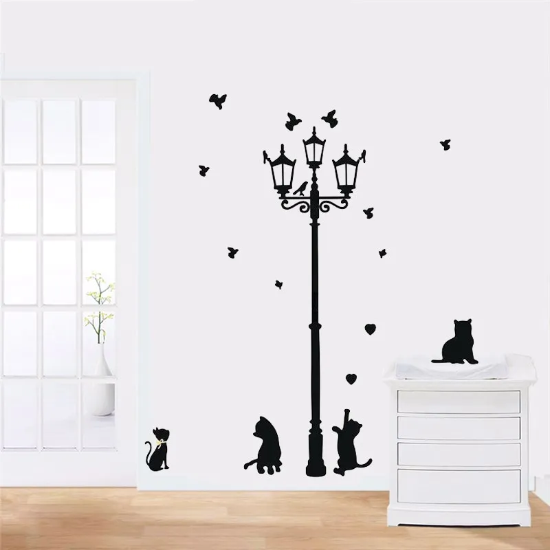 

lovely cats playing with butterfly around lamppost wall stickers home decor living room pvc wall decals diy mural art