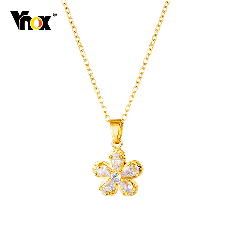 

Vnox Elegant Flower Pendant Necklaces for Women Jewelry, Gold Color Stainless Steel O Chain with Bling CZ Stone Collar Gift