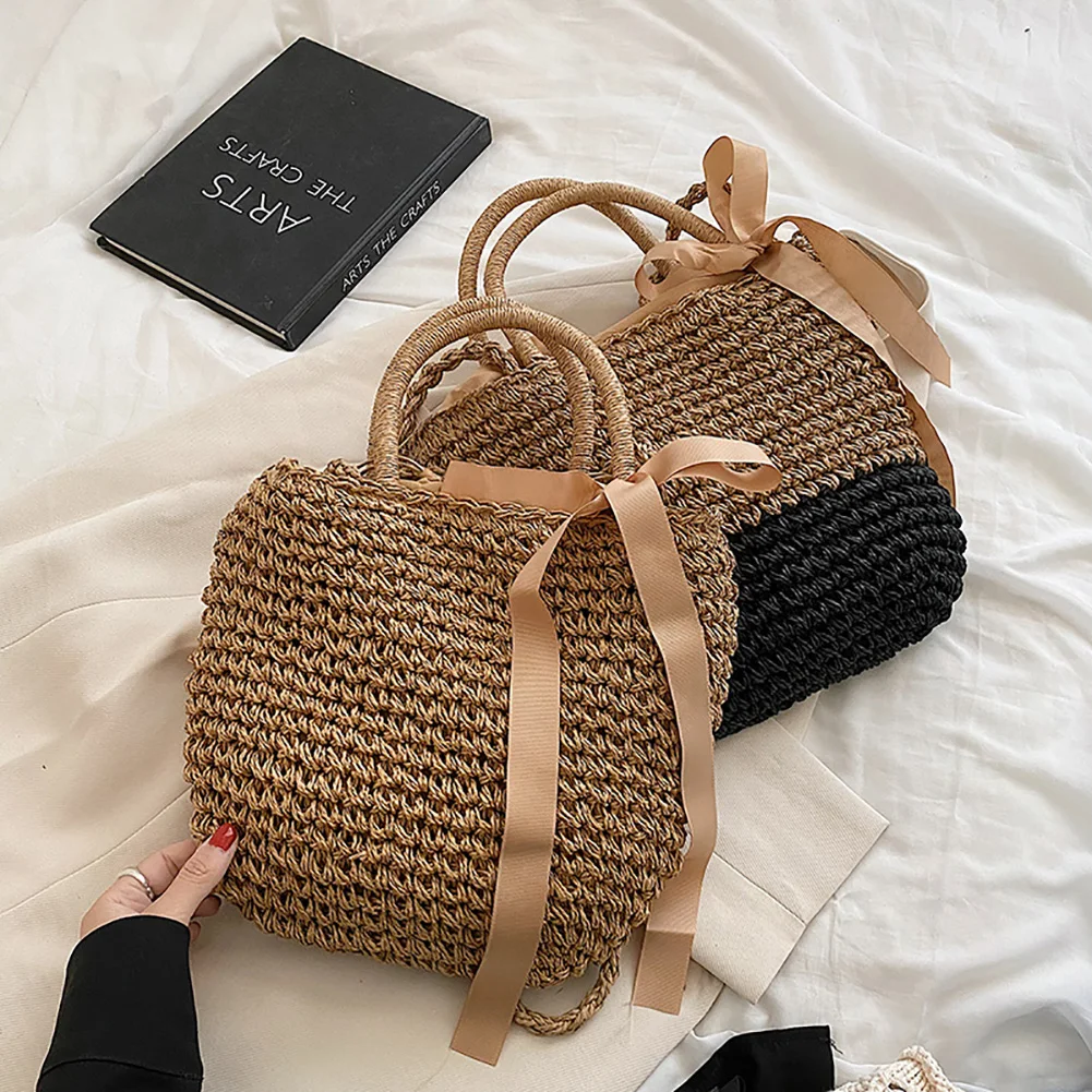 

Women Straw Woven Shoulder Bag Hit Colors Shoulder Summer Woven Pouch for Women Handmade Traveling Handbags