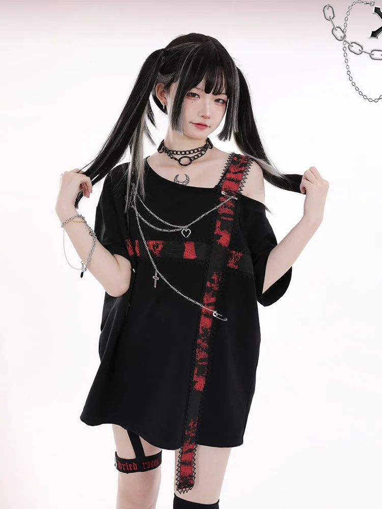 Футболка в стиле Харадзюку короткий рукав перекрестная цепочка топ для