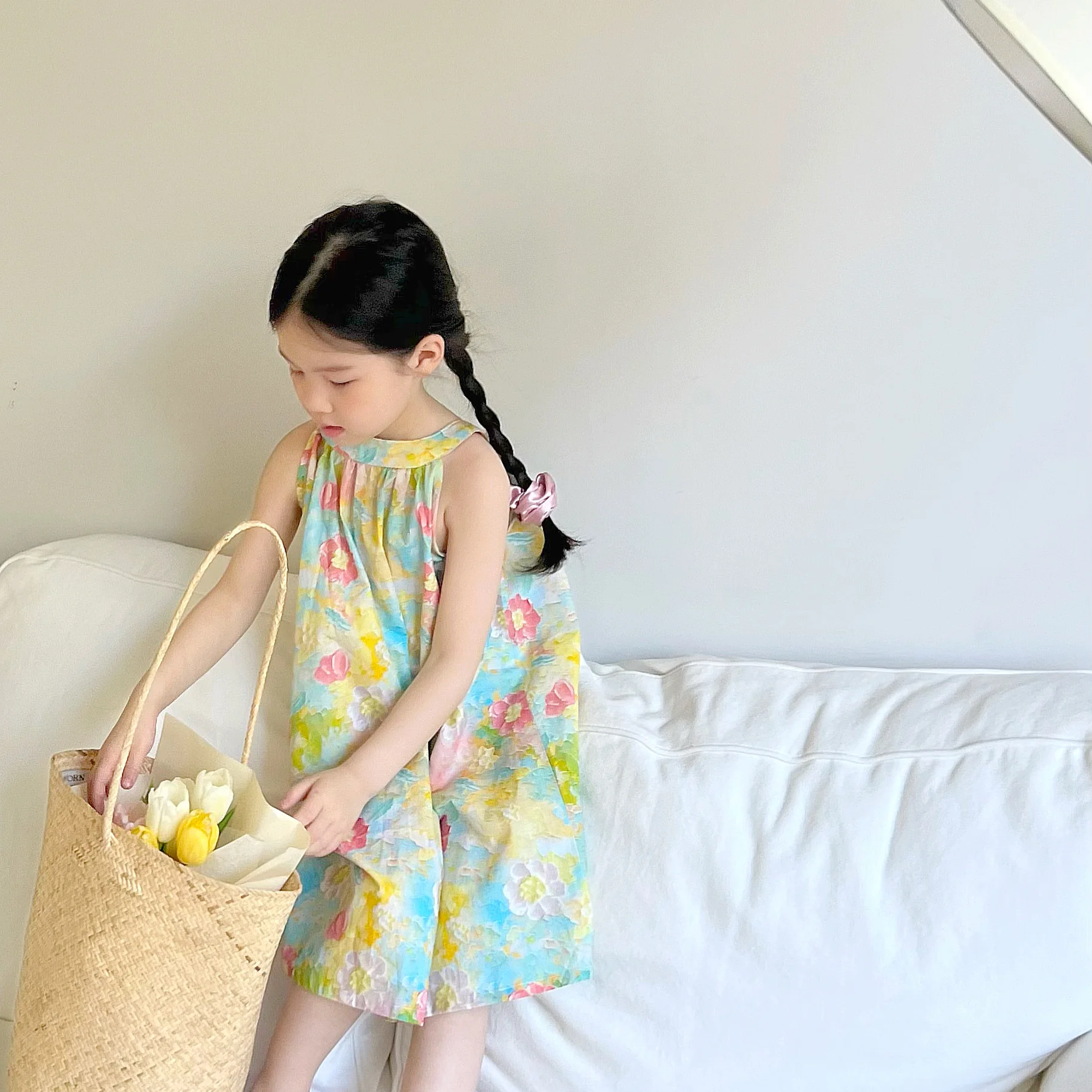 

Girls Dress Korean Version Kids Clothes for Girls 2023 Summer New Print Flower Mixed Colors Sleeveless Princess Dress All-match