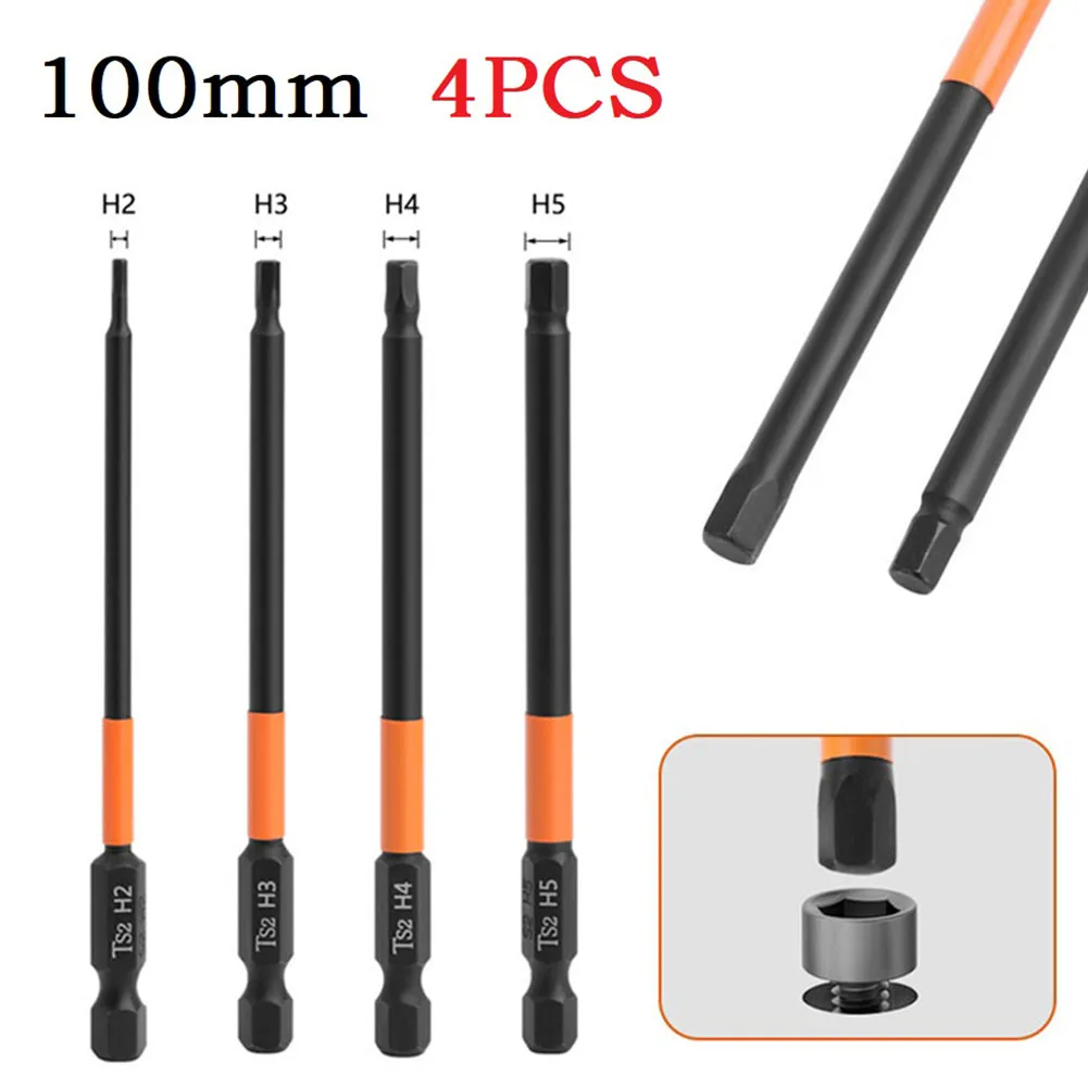 

4pcs 100mm Hex Screwdriver Bit Set Alloy Steel 1/4" Hex Shank Electric Screwdriver Bit For Cordless Drills Impact Wrenches H2-H5