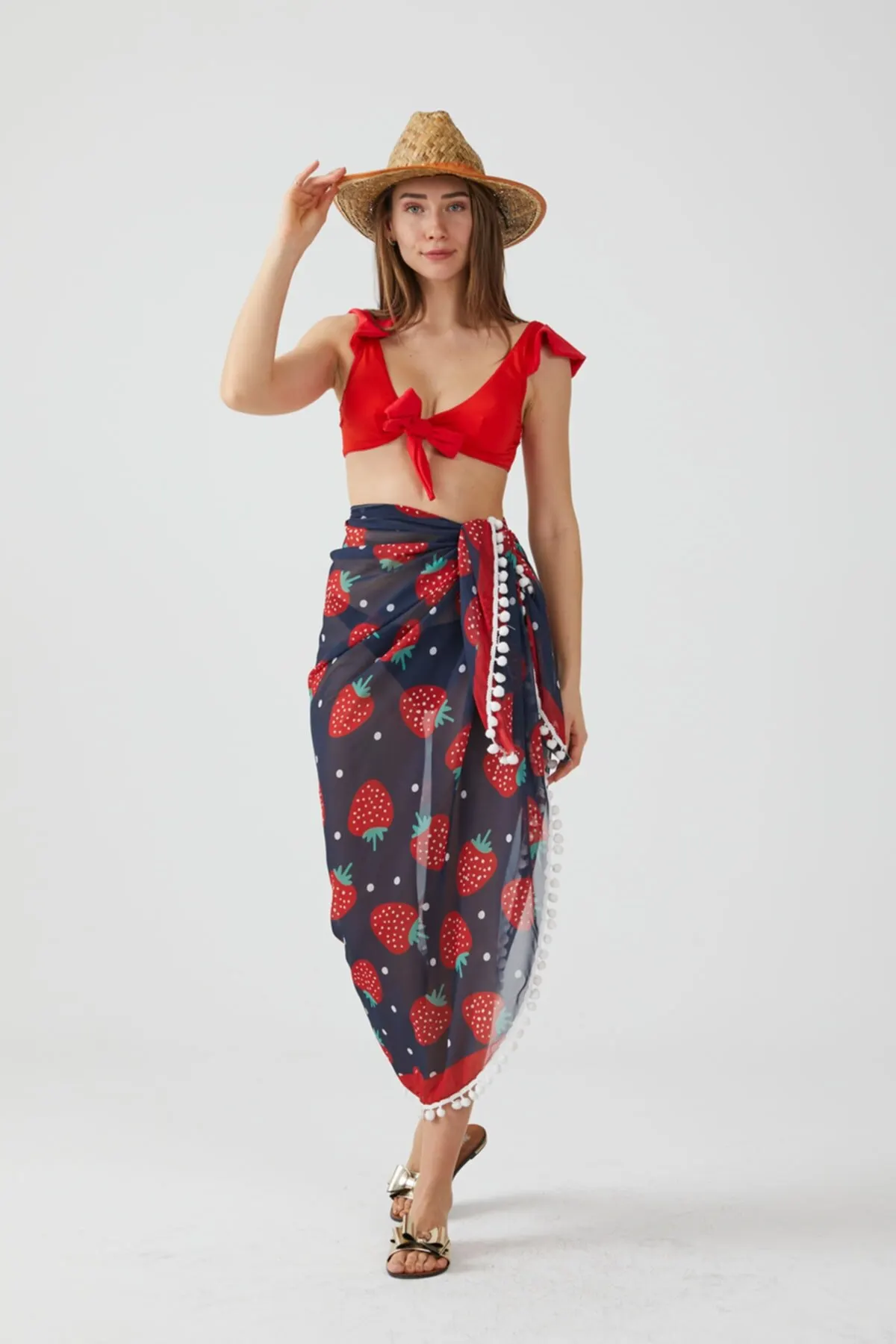 

Women's Pareo Ays Home Strawberry Pattern Pompom Beach Dress Swimwear Cover Up Dress Sexy Tunic Suit Beachwear