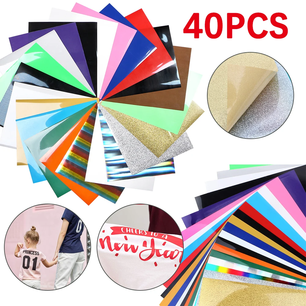 

Heat Transfer PVC Vinyl HTV Glitter Patches Bundle: 40 Pack12"x10"/30cmx25cm Sheets For DIY Iron On T-shirts Fabrics Heat Press