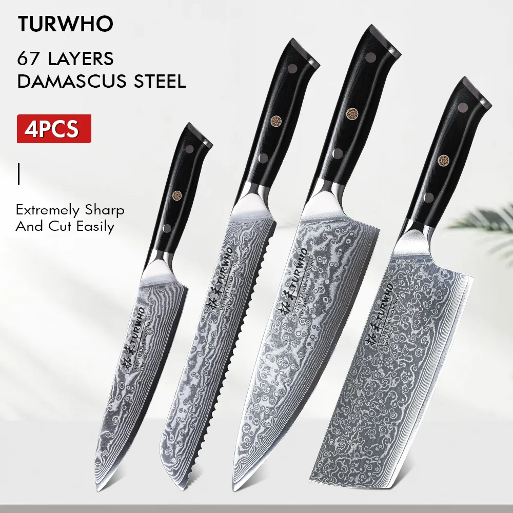 

Набор кухонных ножей TURWHO, 4 шт., 67 слоев, острый шеф-повар из дамасской стали, японский универсальный нож сантоку для хлеба, нарезка, инструмен...