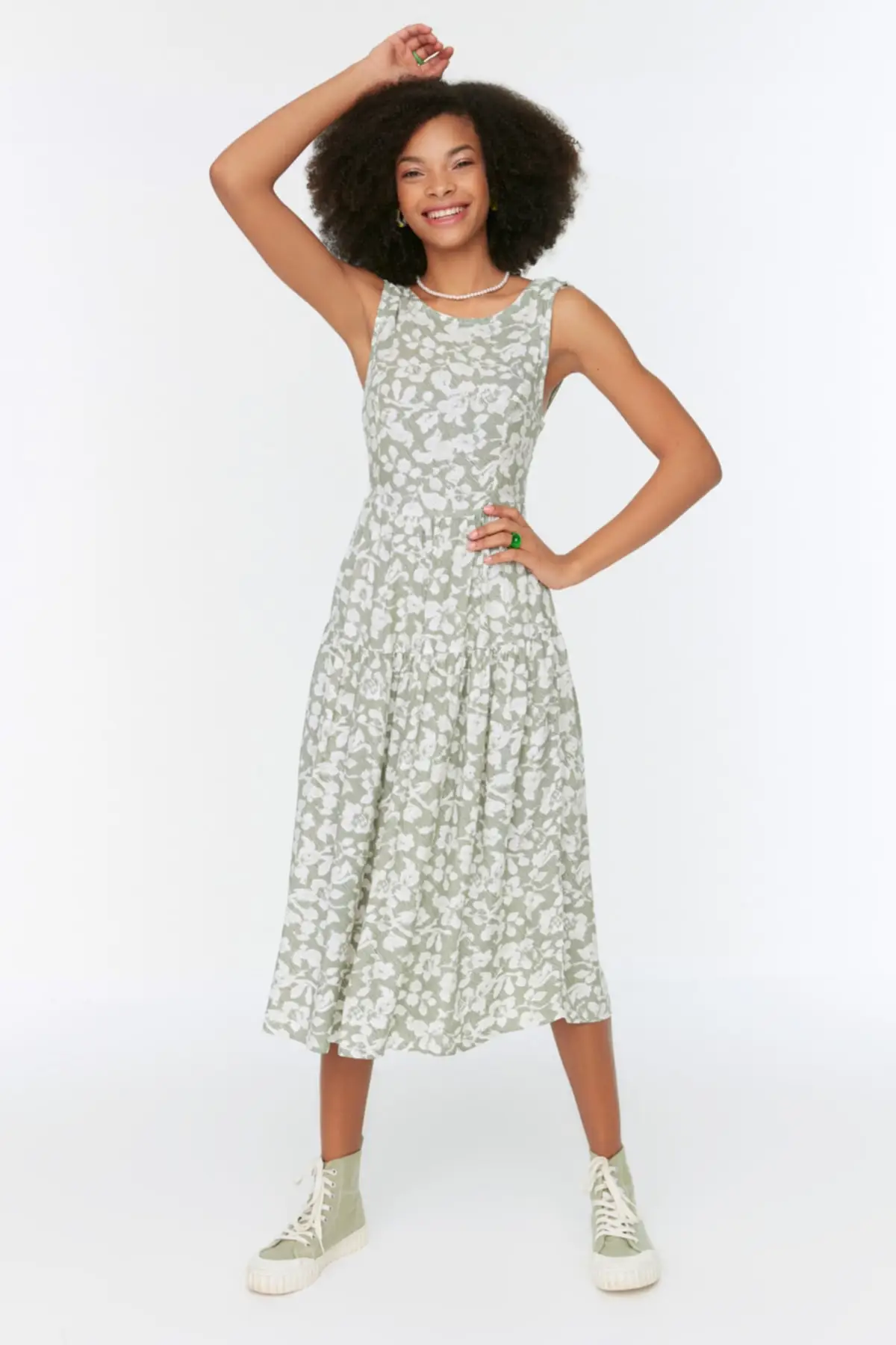 

Mint Back Detailed Patterned Dress TWOSS21EL0709 Moon Arm Floral Viscose Zero Young Unlining Midi Green Woven Regular