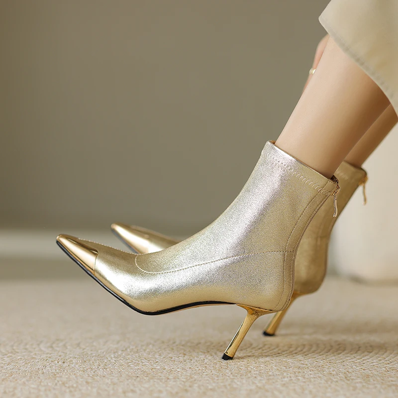 

2023 New Autumn winter Women ankle boots plus size 22-26cm Elastic microfiber+pigskin stretch boots back zip skinny boots