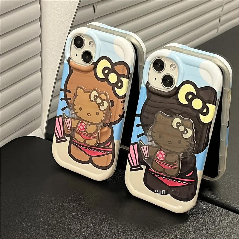 

Cute Hello Kitty Phone Case Black Brown Leather Stand The Bracket Apple12 13 14proMax Cartoon Anime KT Cat Silica Gel TPU Cover