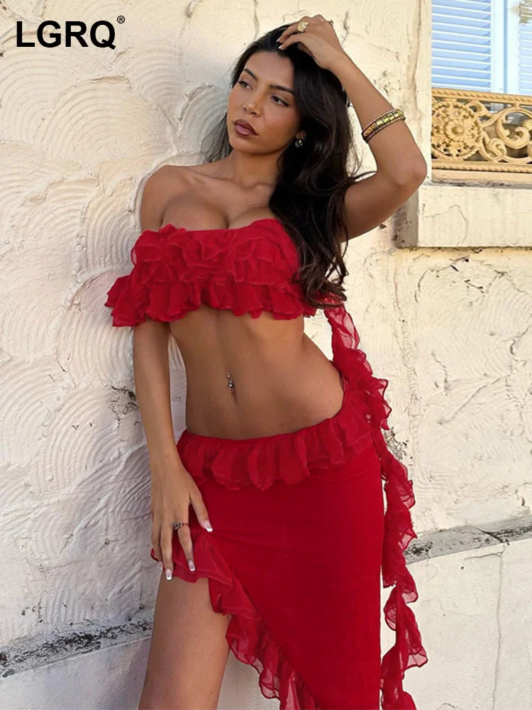 

LGRQ Temperament Wavy Lace Womens' Strapless Tops Bevelled Half Skirt Female Solid Color 2 Pcs Sets Summer 2023 Chic New 19J5559