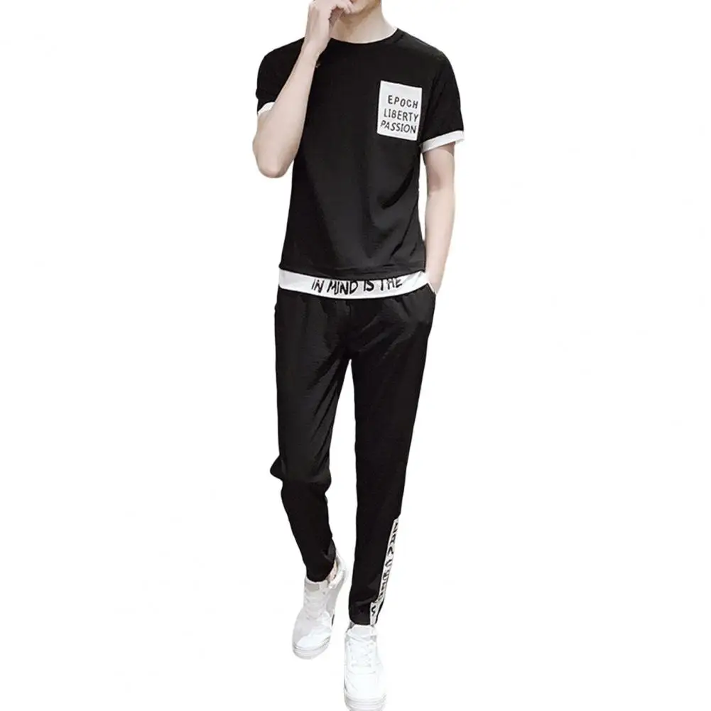 

1 Set Men Outfit Color Block Super Soft Loose Letter Print Drawstring Sportswear Set Men Top Pants for Daily Wear