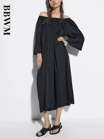 2023 Summer New Women's Off Shoulder Long Simple Dress Black Loose Fit High Quality Chic Female Dress