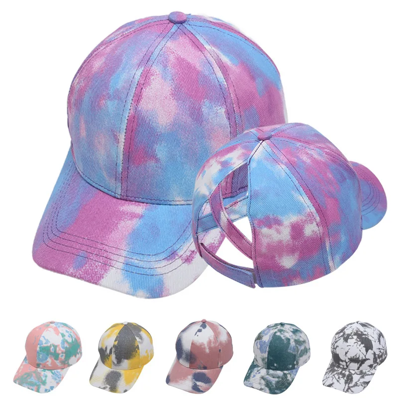 

HanXi Cool Tie Dye Criss Cross Band Ponytail Baseball Caps Women Fashion Cotton Sun Hat Visor for Lady Girls