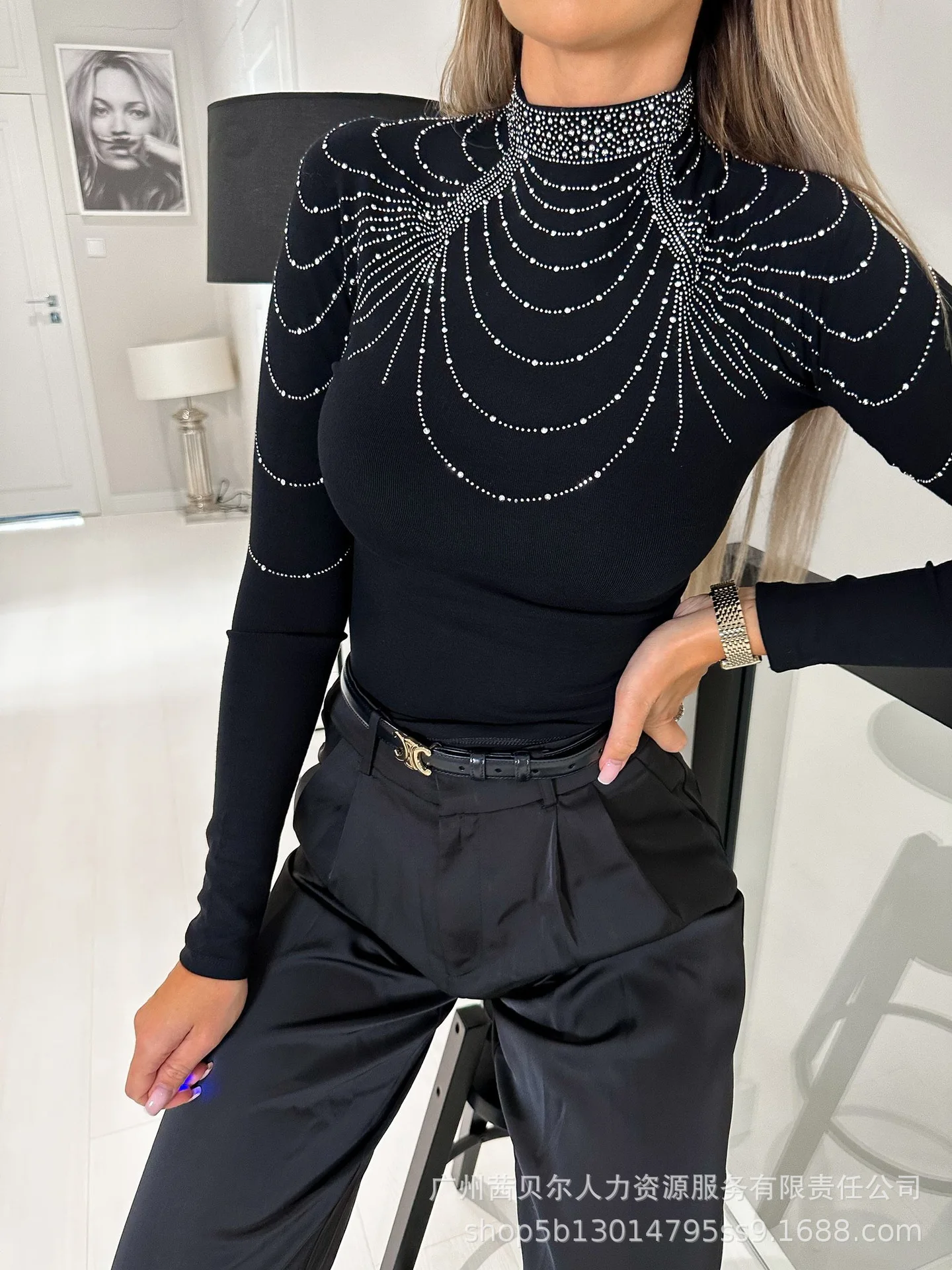 

Women Rheinstone Diamonds O Neck T Shirt Top Long Sleeve Black Fashion Casual Y2K Pullover Tops T-Shirts