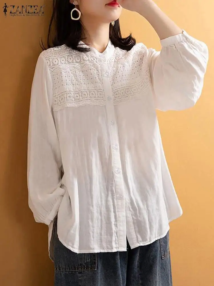 

Белая хлопковая блузка ZANZEA с длинным рукавом, повседневные женские туники, праздничные свободные рубашки, модные однотонные топы с кружевной вставкой, лето 2023