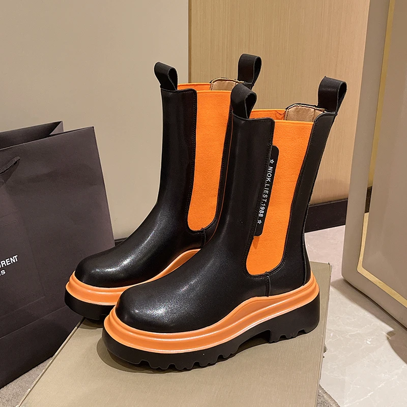 Ladies Chelsea Boots 2022 New Chunky Heel Round Toe Shoes Women Short Boots Platform High Heels Square Heel Zapatilla De Muje