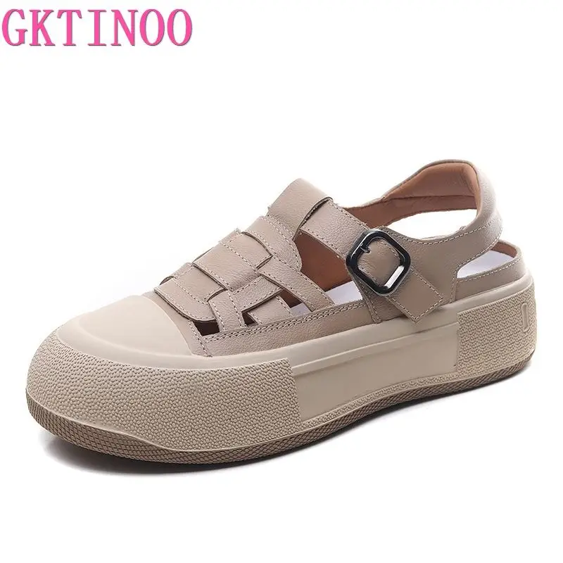 

GKTINOO 5cm Full Cow Genuine Leather Women Summer Shoes Platform Sandals Wedge Heel Slides Slippers Beach Shoes Hook Loop