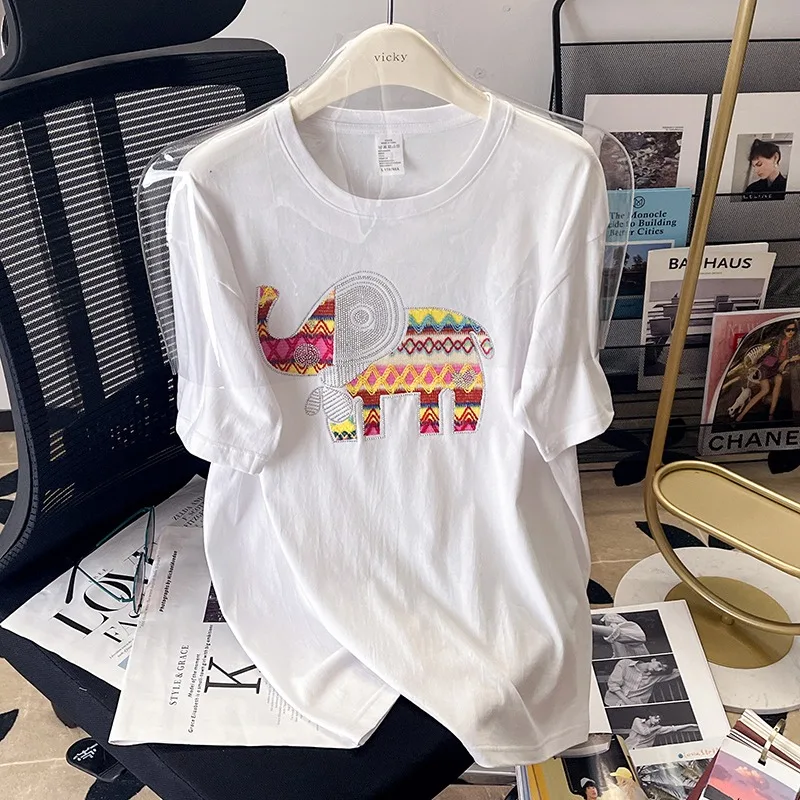 

Korean Summer Women Sweet Cotton T-Shirt Fashion Harajuku Cartoon Applique Tee Female O Neck Loose Casual Girls Oversize Tees