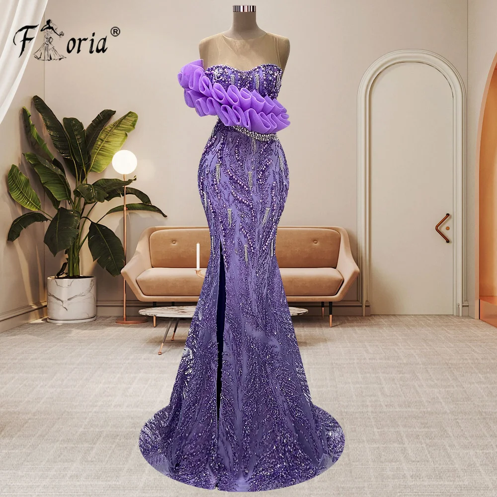 

Sheer Neckline Purple Ruffles Prom Dress Mermaid Sequins Sparkly Evening Wedding Party Gown فساتين سهره فاخره 2023 vestidos Slit