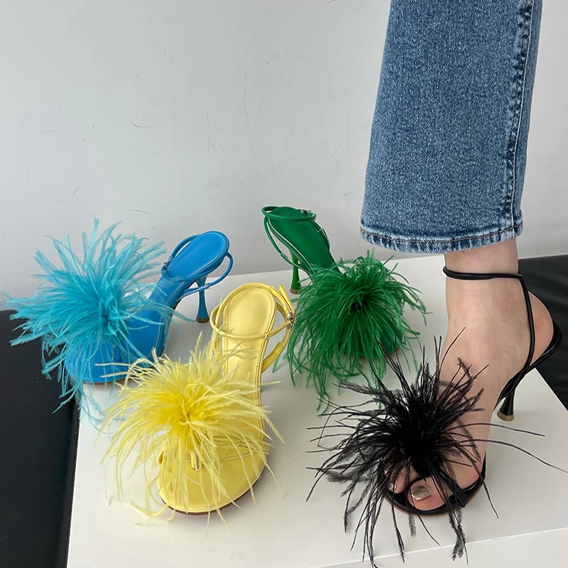 

Fashion Furry High Heels Sandals For Ladies 2022 Outdoor Buckle Strap Female Casual Round Toe Luxury Party Women Pumps Shoes