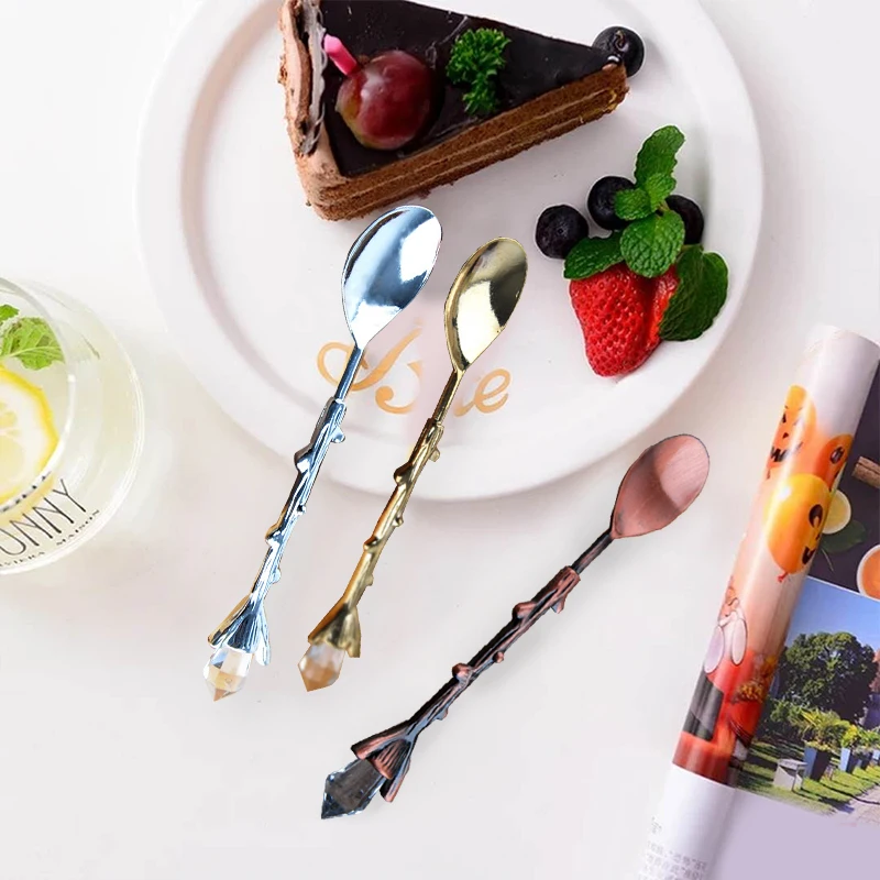 

Pure Color Metal Coffee Dessert Spoon Ice Cream Tea Sugar Spoon Cutlery Retro Branch Shape Alloy Crystal Small Kitchen Supplies