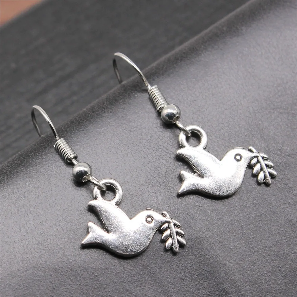 

Fashion Handmade Simple Design Antique Silver Color Pigeon Olive Branch Pendant Earrings Women Vintage Drop Earrings