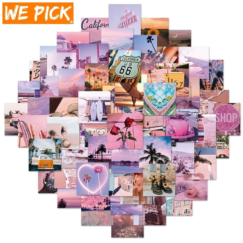 

10/30/62pcs INS Style Pink Landscape Stickers Aesthetic California Sunshine Decals Luggage Laptop Skateboard Phone Sticker Toys