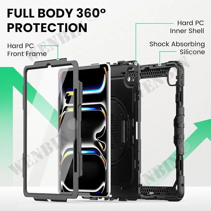 Фото Чехол для iPad Pro 11 M4 M5 2024 2025, прочный, с вращающейся ударопрочной подставкой, ремешком для руки и плечевым ремнем, черный чехол. №2