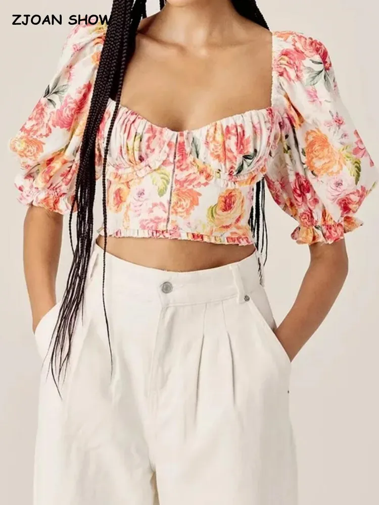 

Кроп-топ женский с цветочным принтом, пикантный корсет с рукавами-фонариками и квадратным вырезом, модная уличная одежда, топ на лето
