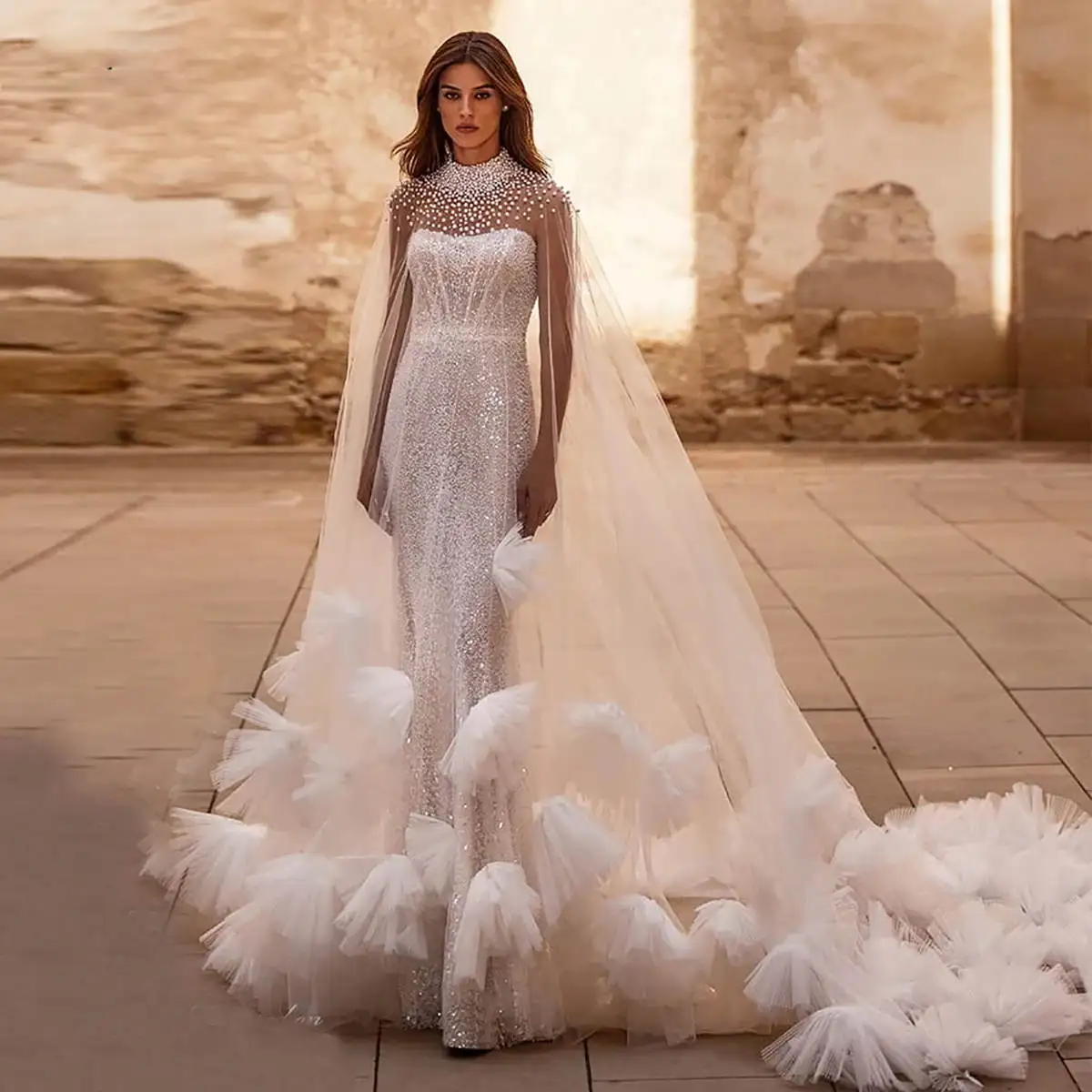 Фото Иллюзионная свадебная фата с аппликацией из жемчуга для невесты Complementos De Boda Velo De Novia, свадебные аксессуары на заказ №2