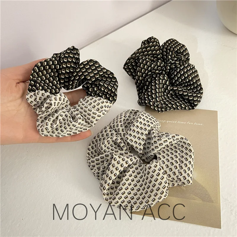 

Korean Vintage Crumpled Texture Printing Elegant Graceful Large Intestine Hair Band Female Bun Double Matching Polka Dot Hair Ri