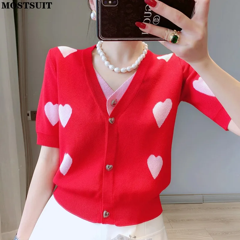 

Summer Vintage Puff Sleeve Knit Sweater Cardigan Women 2022 Hearts Jacquard V-neck Fake Two Pieces Top Elegant Ladies Sweaters