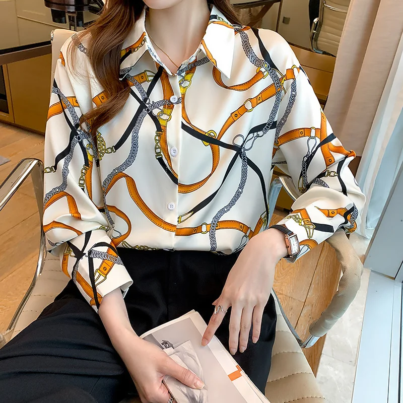 

Women's Blouse Print Polo Shirt New Casual Loose Long Sleeve Top Chiffon Plus Size Summer Houthion