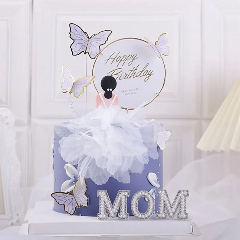 

Color Butterflys Cake Topper Pretty Lady Silhouette Rubber Back Mesh Skirt Birthday Wedding Flower Pearl Cupcake Baking Supplies