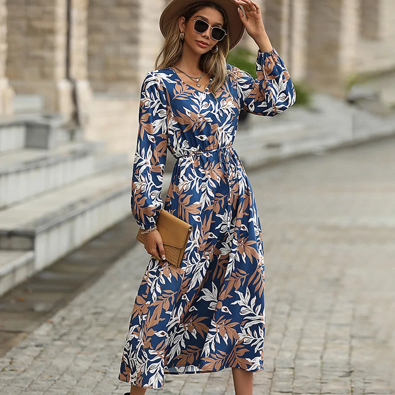 

2022 autumn and winter new waist banded skirt women's print long-sleeved dress long skirt