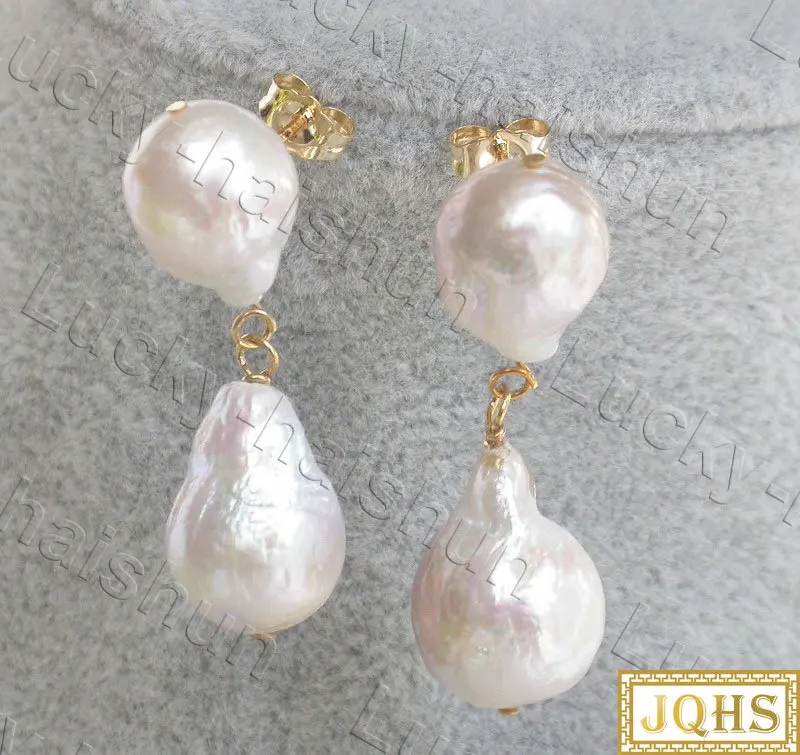 

Natural Dangle 15mm Baroque White Reborn Keshi Pearl Earrings Hook C666