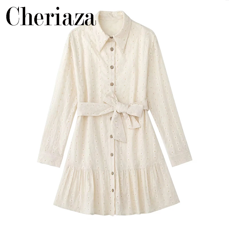 

2022 Summer Woman Beige Vintage Openwork Embroidery Dress Long Sleeves Ruffled Hem A word Dresses Belt Button Vestidos Mujer