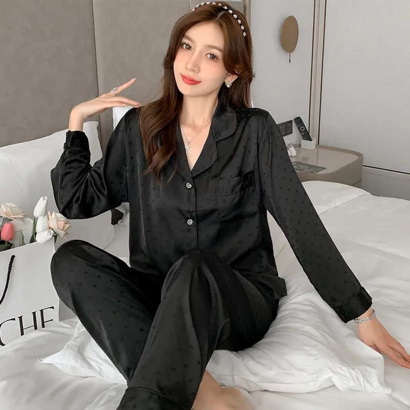 

Polka Dot Women Pajamas Sleepwear Home Clothes Loungewear Shirt Pant Ice Silk Homewear 2Pcs Lapel Long Sleeve Nightwear
