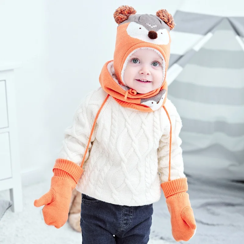 

Children Cartoon Fox Wool Knitted Double Pompom Hat Scarf Glove 3 PCS Set Winter Baby Boy Girl Caps Kids Bonnet