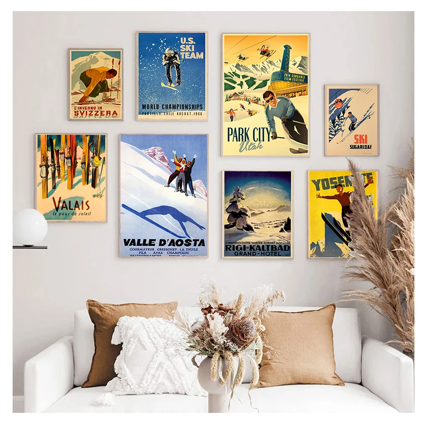 

Retro Ski in Alps Switzerland Canvas Painting Skiing Vintage Wall Kraft Posters Coated Wall Stickers Home Decoration Pictures