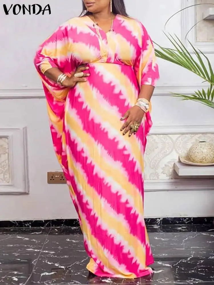 

VONDA Y2K Oversize Female Printed Sundress Vintage Maxi Dress Loose 3/4 Sleeve Holiday Party Sundress Vintage Women Casual Robe