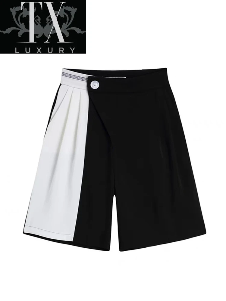 

Color Contrast Shorts Women 2022 Summer Fashion Patchwork Button Suit Short Loose All-Match Casual Wide Leg Pants Female