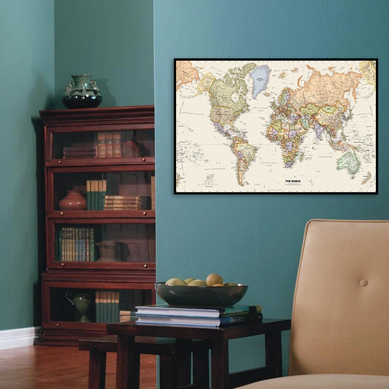 

60*40cm The Retro World Political Map with Details Canvas Painting Wall Art Poster School Supplies Living Room Home Decor