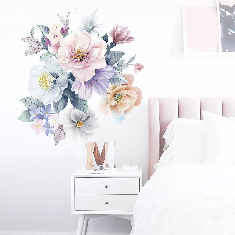 

Romantic Flowers Wall Sticker Home Wall Decoration Living Room Bedroom Decor Literary Water Color Wallpaper Removable Stickers