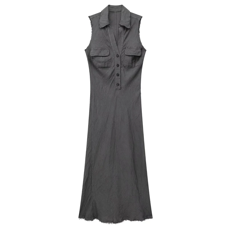 

TRAF Linen Midi Dress Women Summer 2023 Grey Sleeveless V-Neck Pockets Elegant Female Long Dress Fashion Vintage Linen Dress