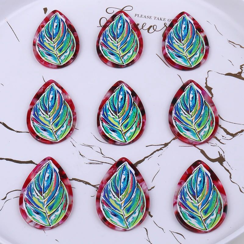 Крупные Подвески с красочным принтом листьев, 6 шт., 34x53 мм, фурнитура для изготовления ювелирных изделий «сделай сам»