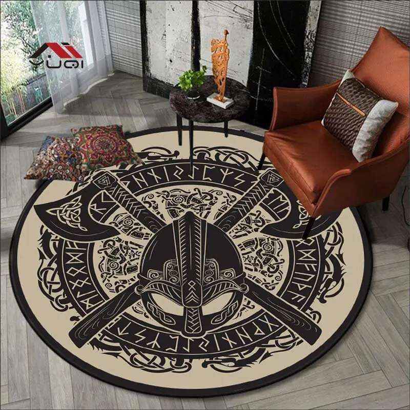 

Viking Warrior Logo Pattern Flannel Anti-Slip Round Rug for Bedroom Round Carpets for Living Room Washroom Floor Mat 5 Sizes