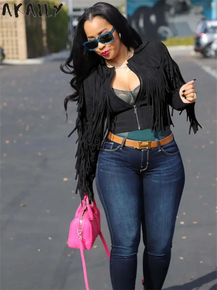 

Осенняя Черная куртка Akaily с бахромой для женщин, уличная одежда 2022, повседневное пальто с круглым вырезом и длинным рукавом, коричневые укор...